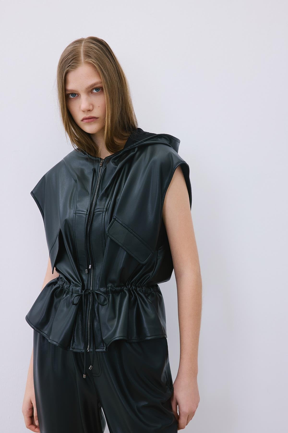 Adjustable Faux Leather Hooded Vest