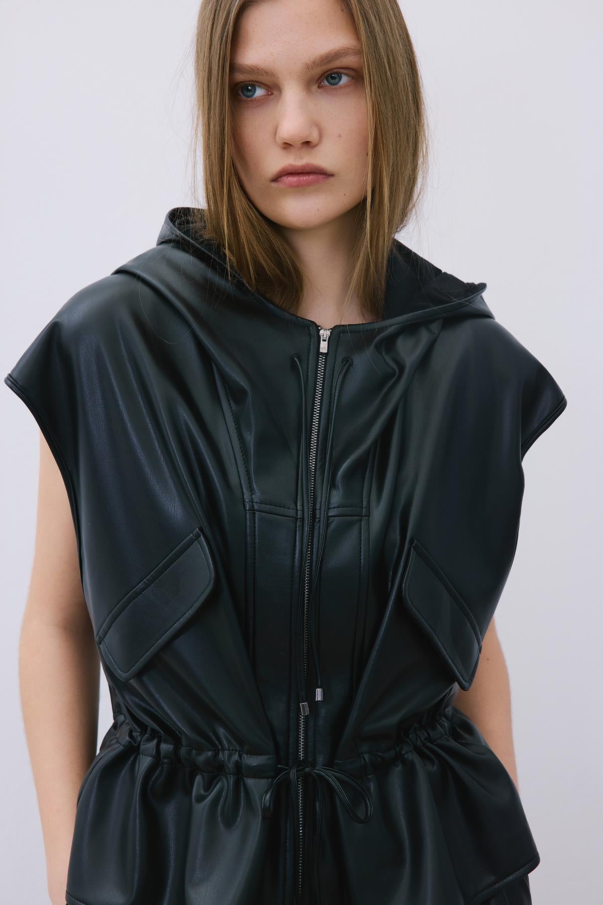 Adjustable Faux Leather Hooded Vest