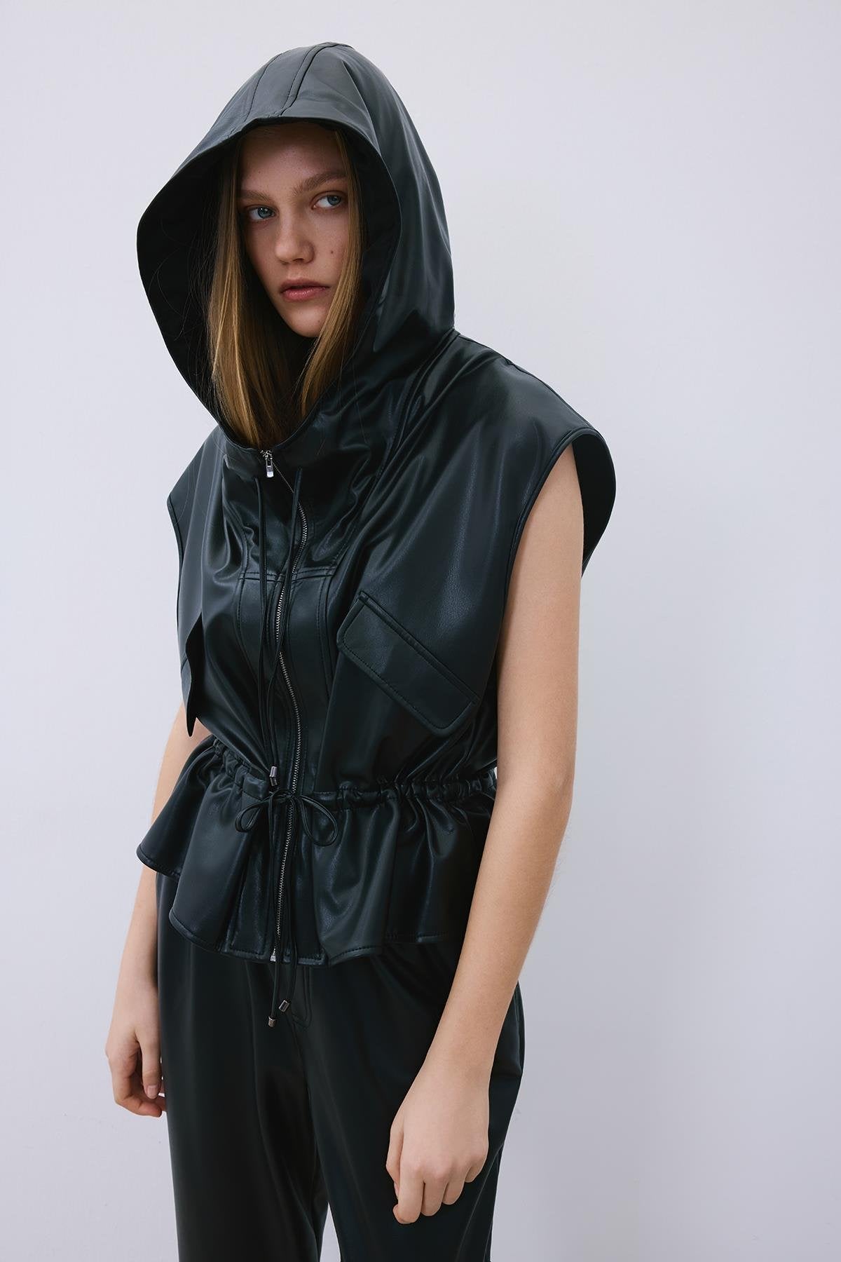 Adjustable Faux Leather Hooded Vest