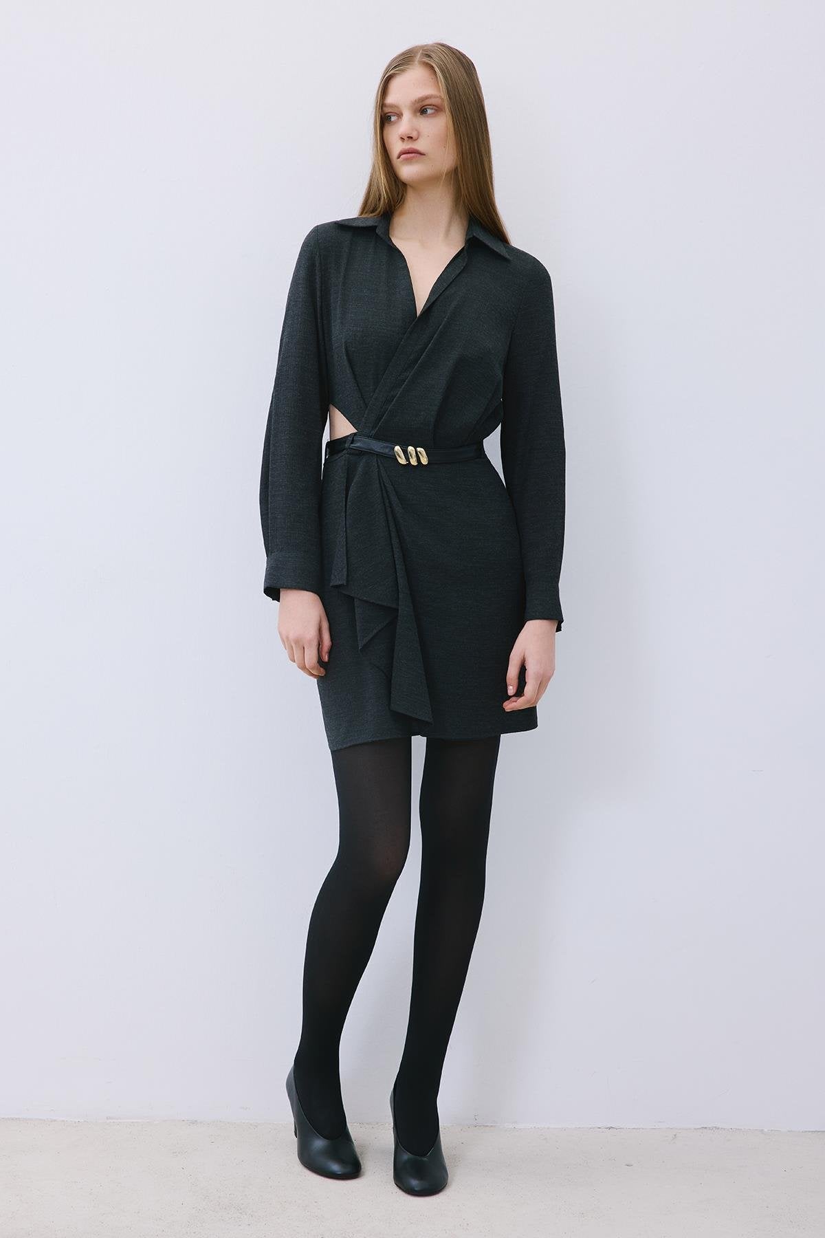 Anthracite Mini Wrap Dress with Gold Belt Detail