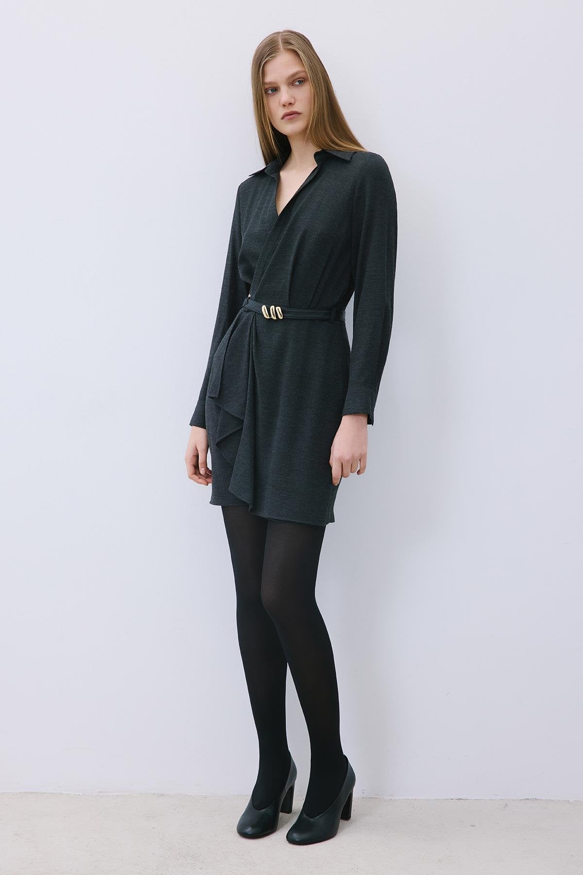 Anthracite Mini Wrap Dress with Gold Belt Detail