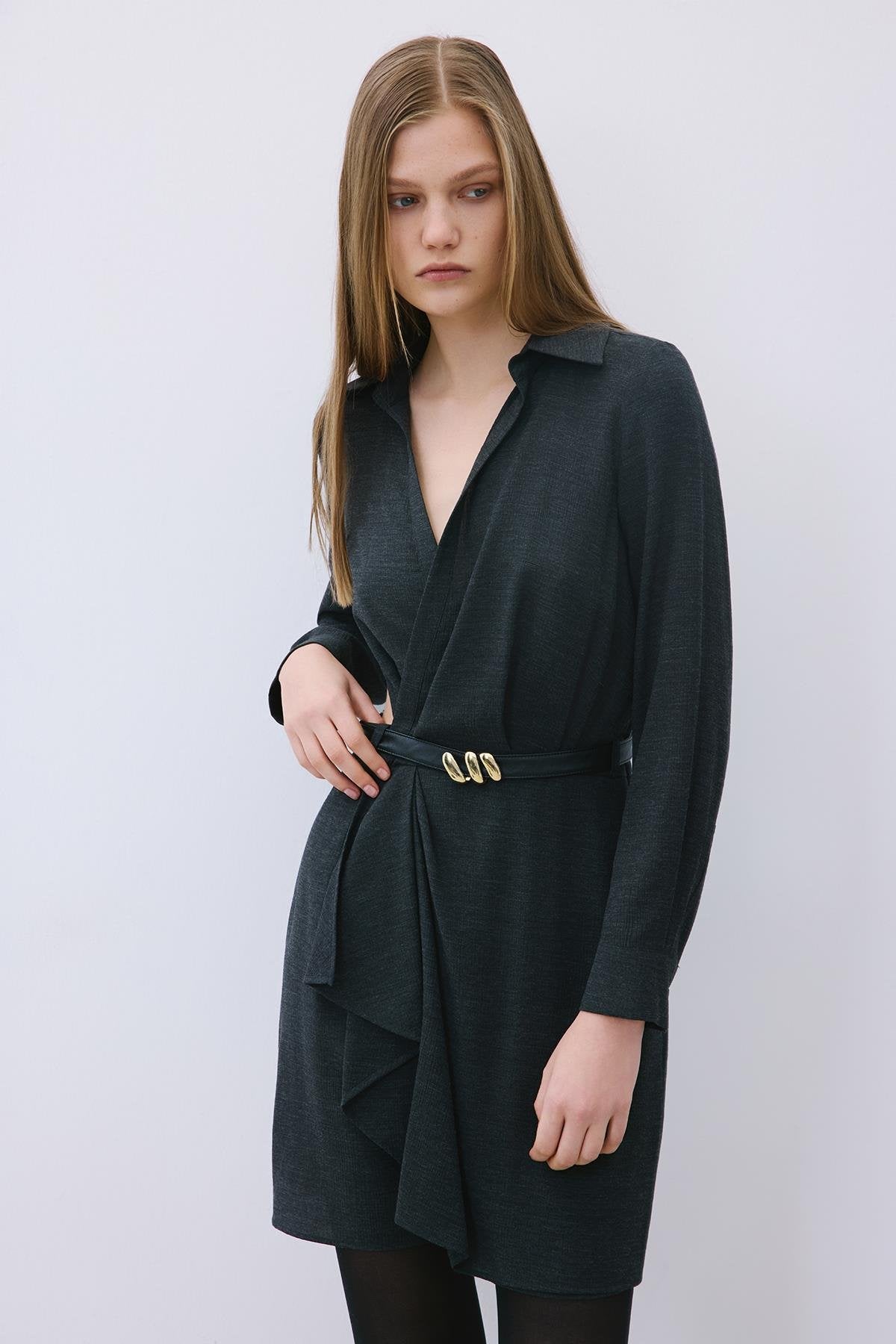 Anthracite Mini Wrap Dress with Gold Belt Detail