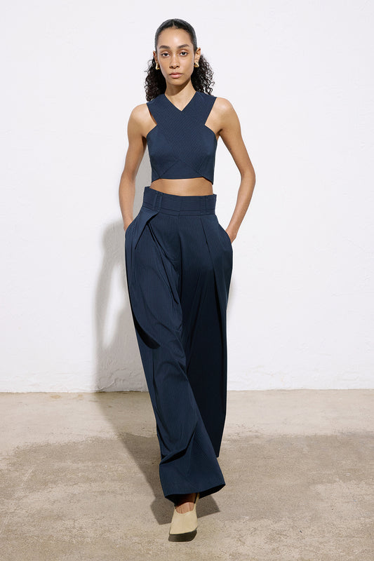 Asymmetric Detailed Striped Crop Blue Bustier