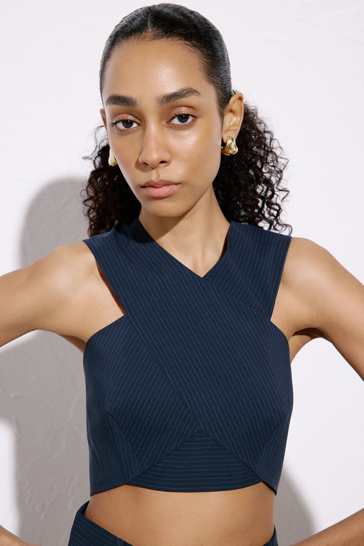 Asymmetric Detailed Striped Crop Blue Bustier