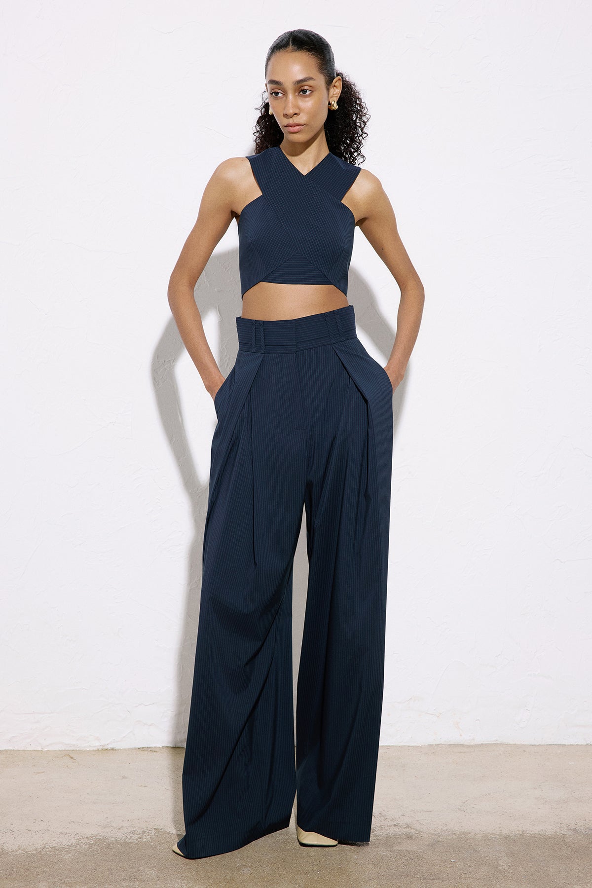 Asymmetric Detailed Striped Crop Blue Bustier