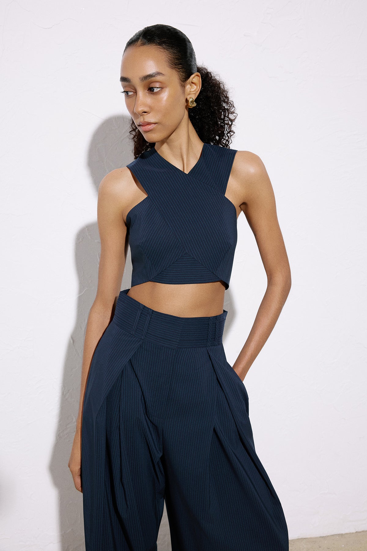 Asymmetric Detailed Striped Crop Blue Bustier