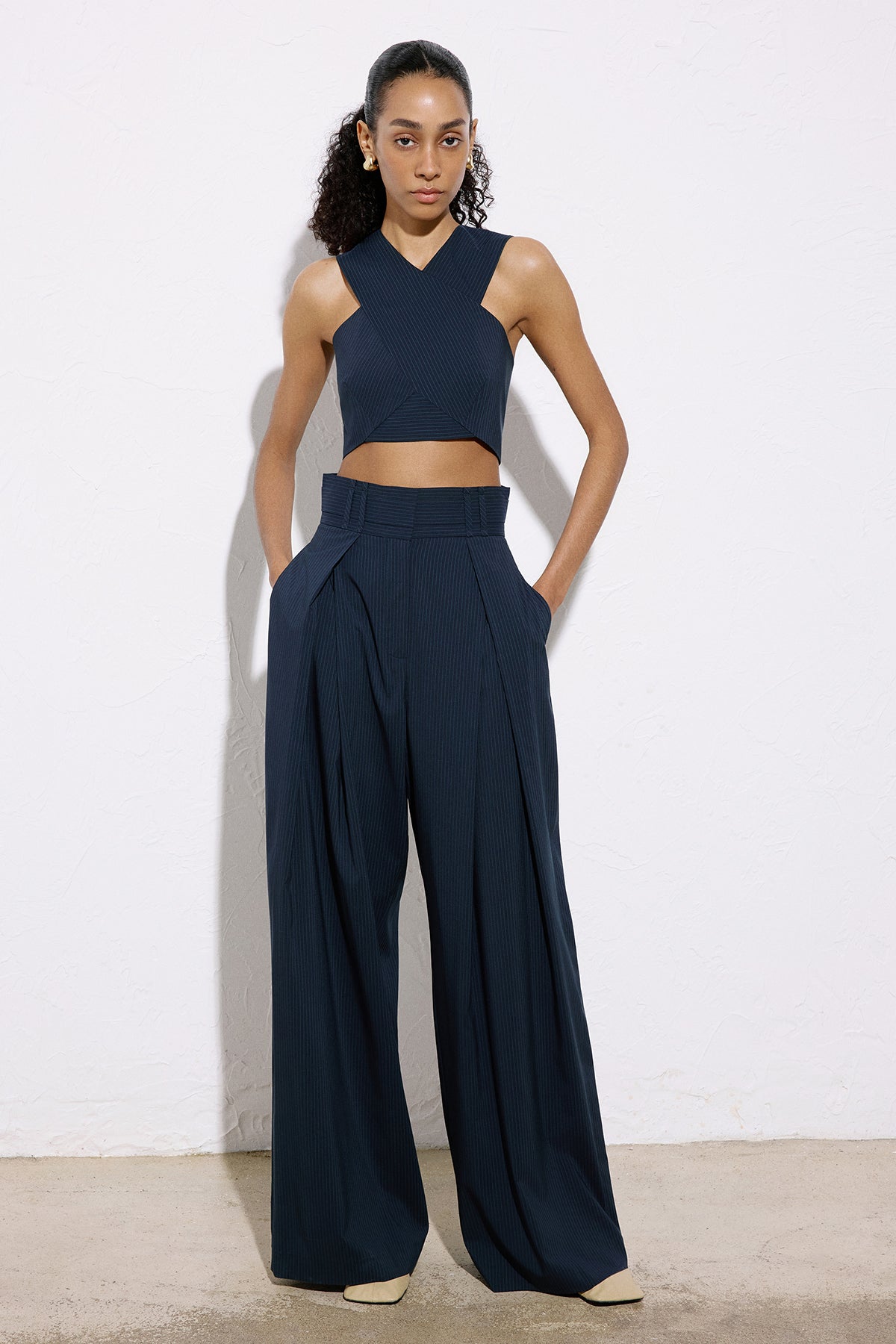 Asymmetric Detailed Striped Crop Blue Bustier