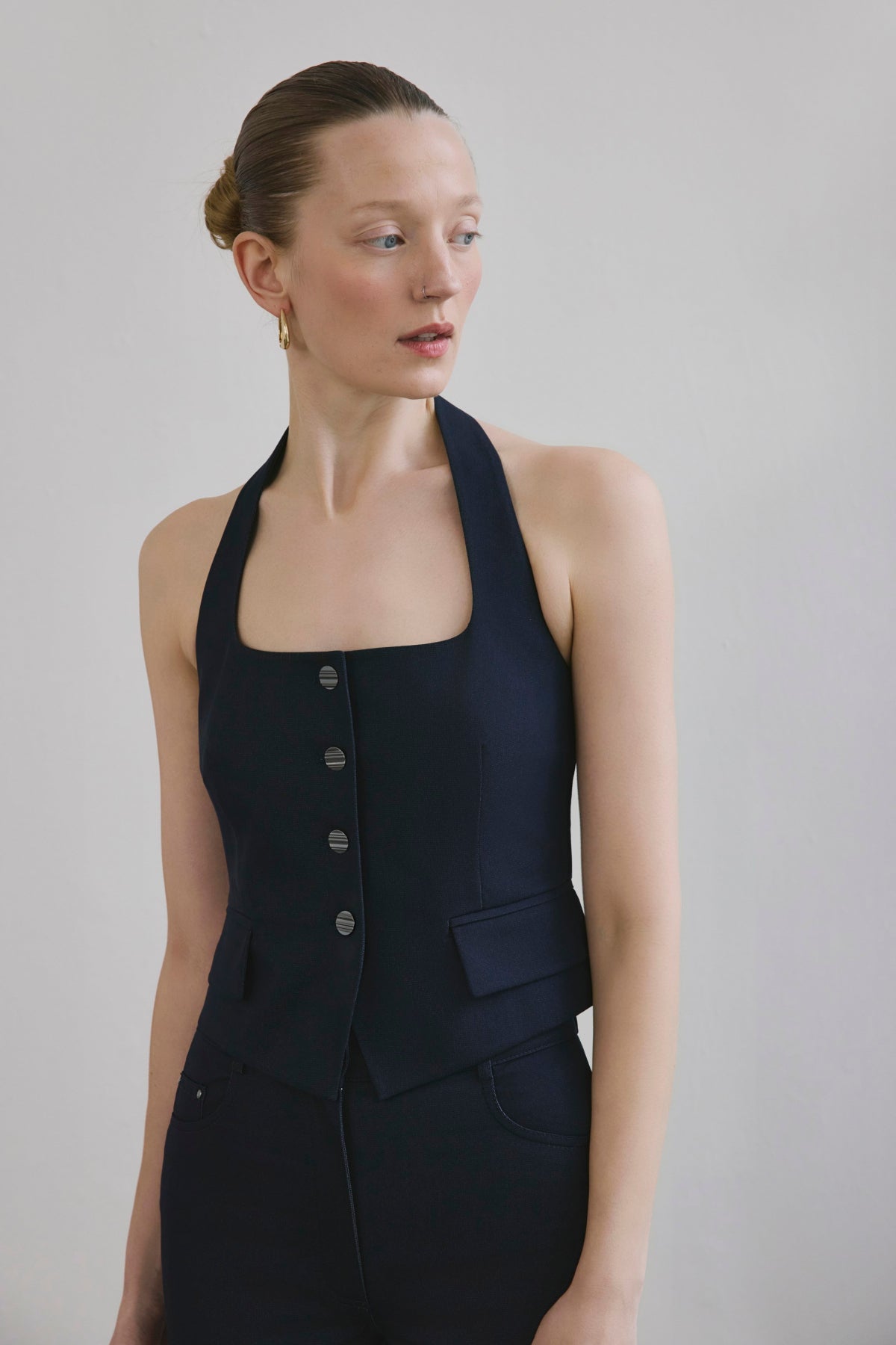 Navy Back Cut-out Denim Textured Crop Bustier