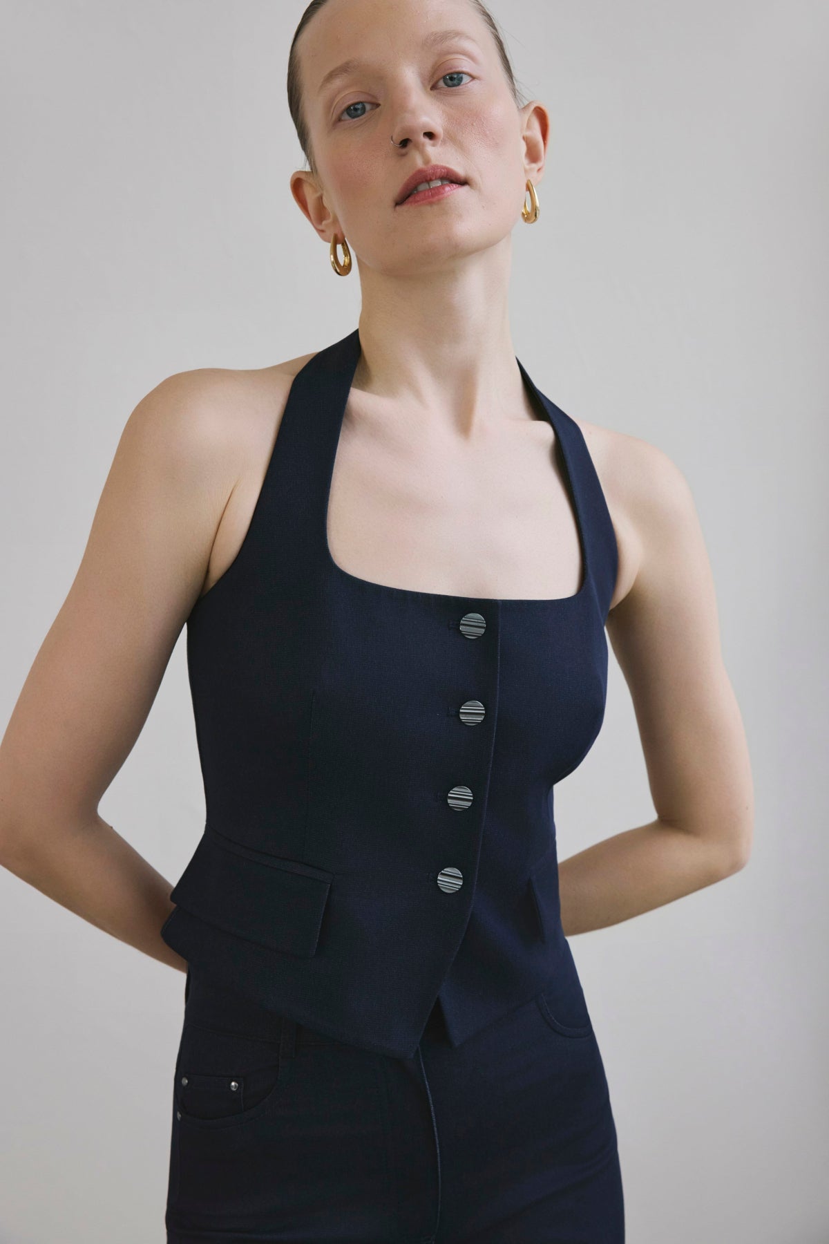 Navy Back Cut-out Denim Textured Crop Bustier