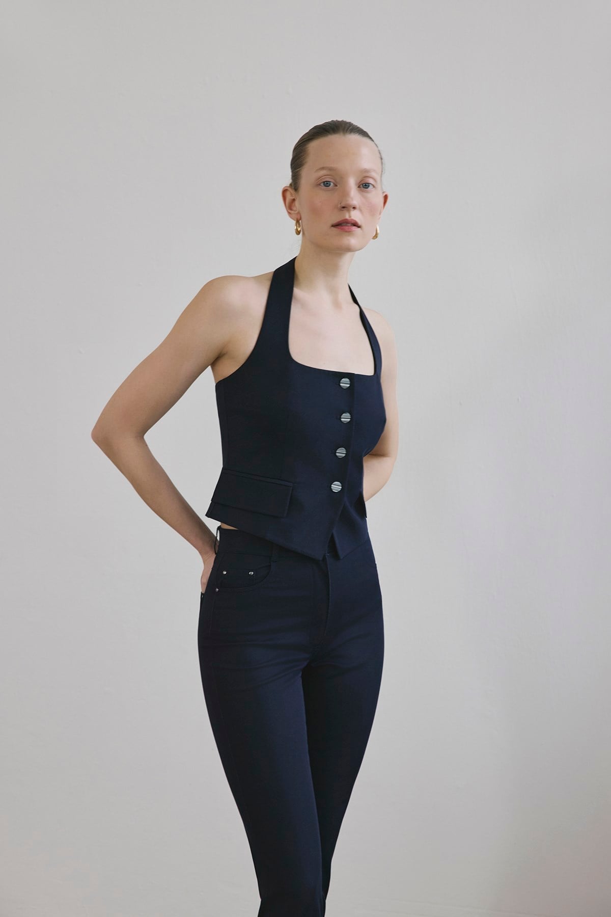 Navy Back Cut-out Denim Textured Crop Bustier