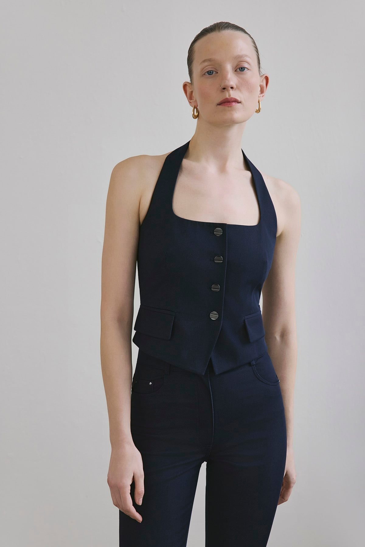 Navy Back Cut-out Denim Textured Crop Bustier