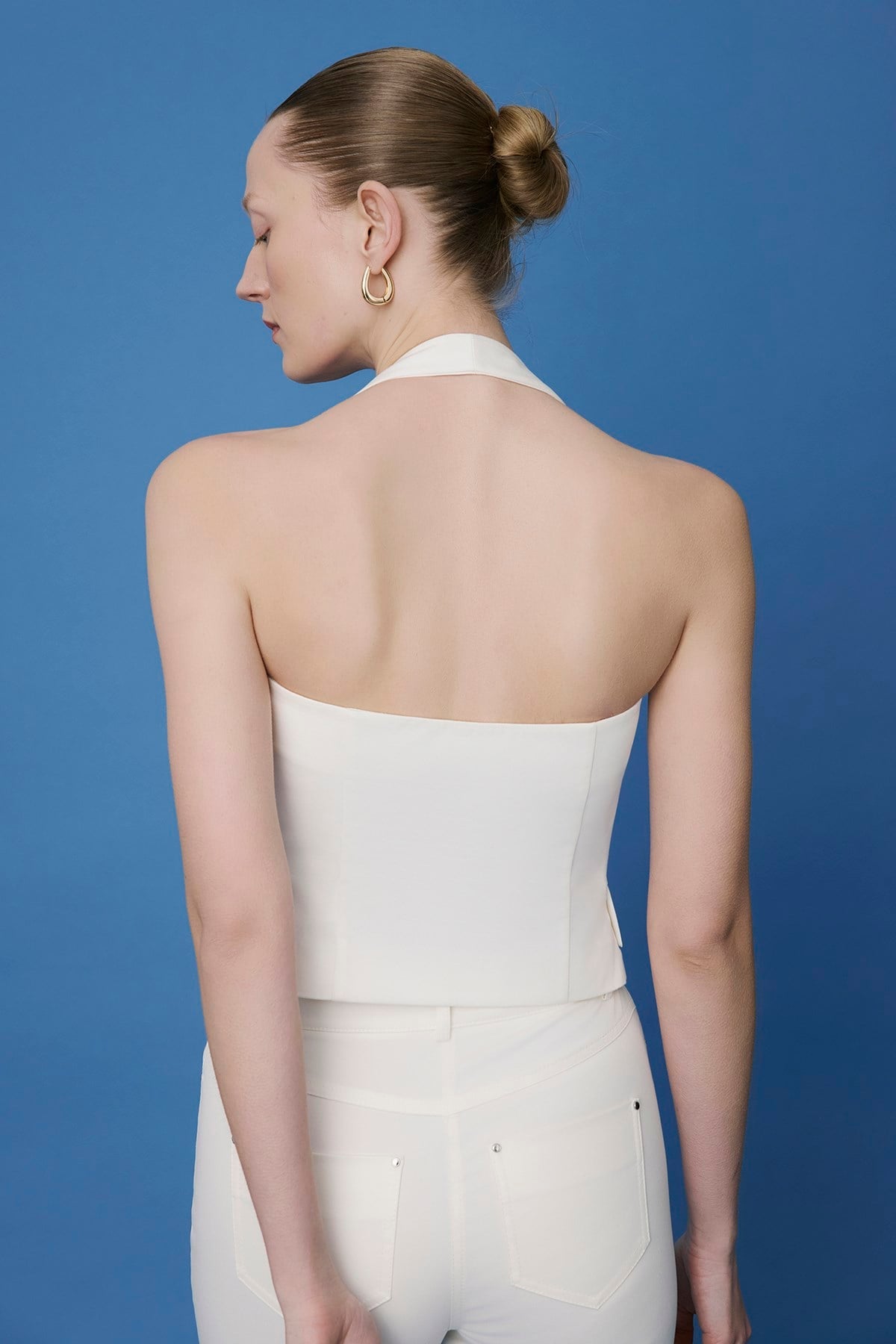 Ecru Back Cut-out Denim Textured Crop Bustier