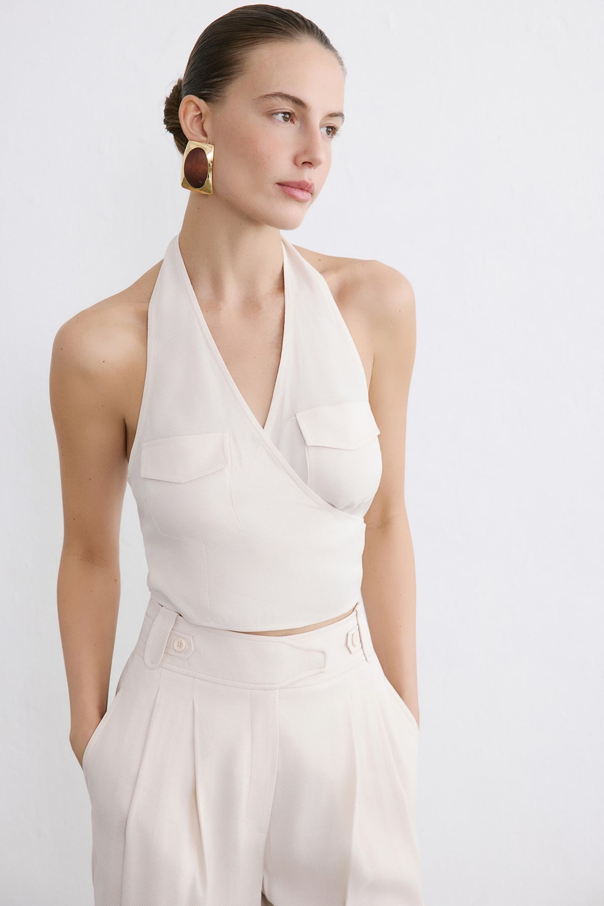 Backless Wrap Crop Blouse