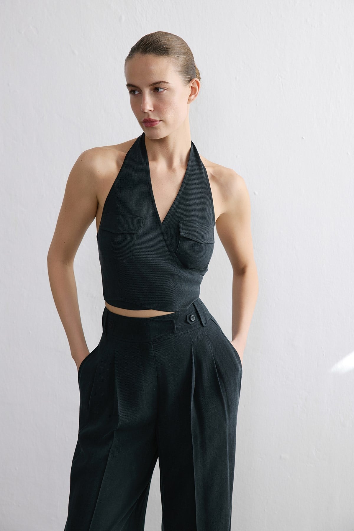 Backless Wrap Crop Blouse