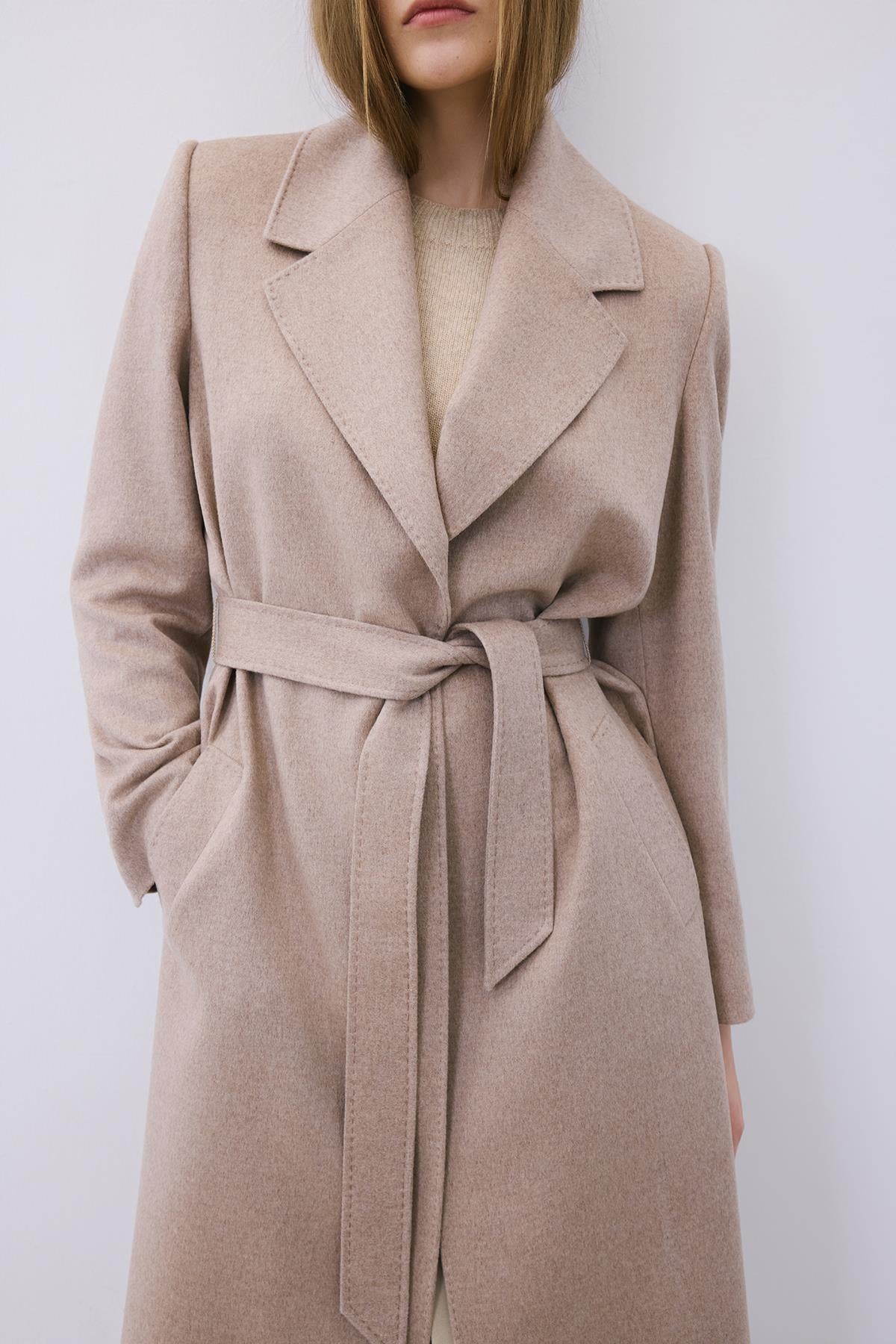 Beige Cashmere Midi Coat with Stitch Details