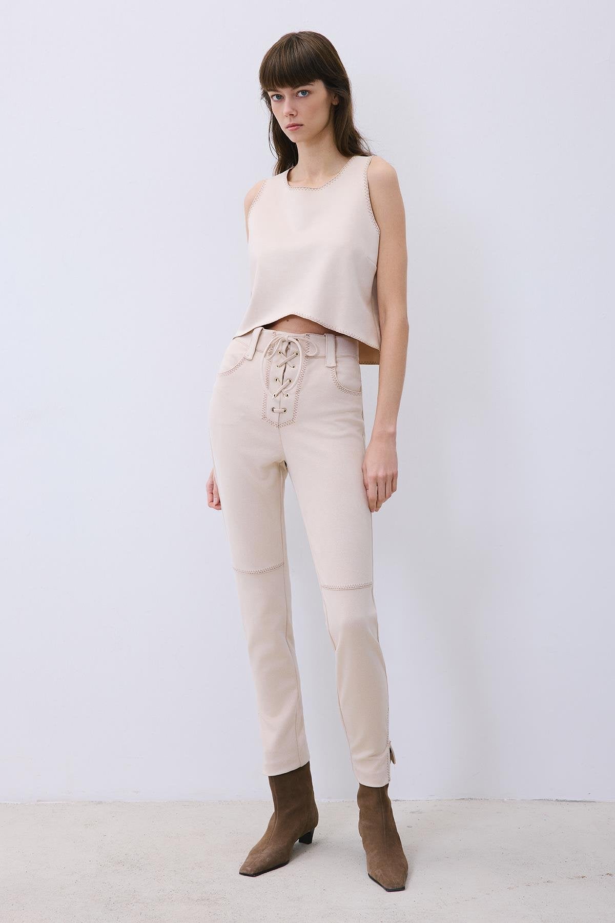 Suede Crop Blouse with Contrast Stitch