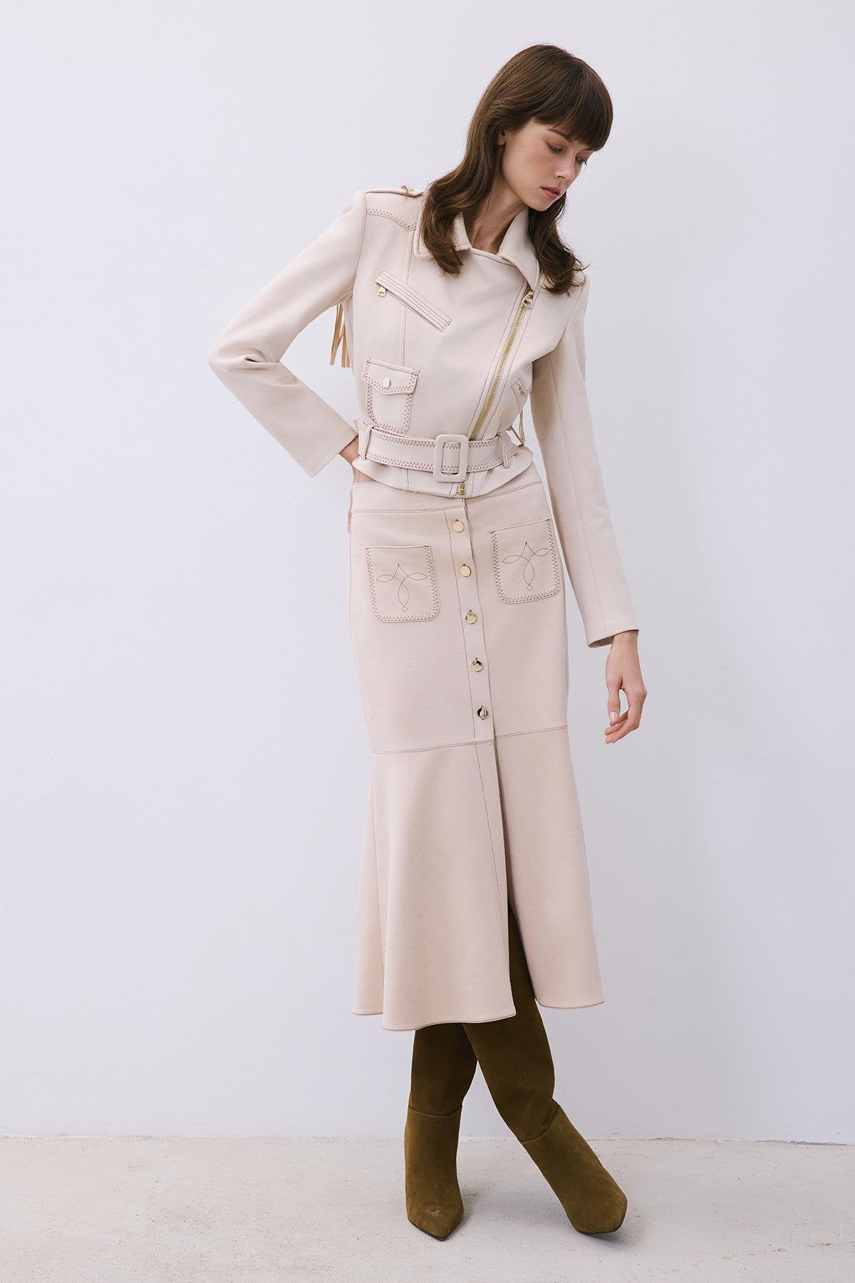 Suede Midi Skirt with Gold Detail