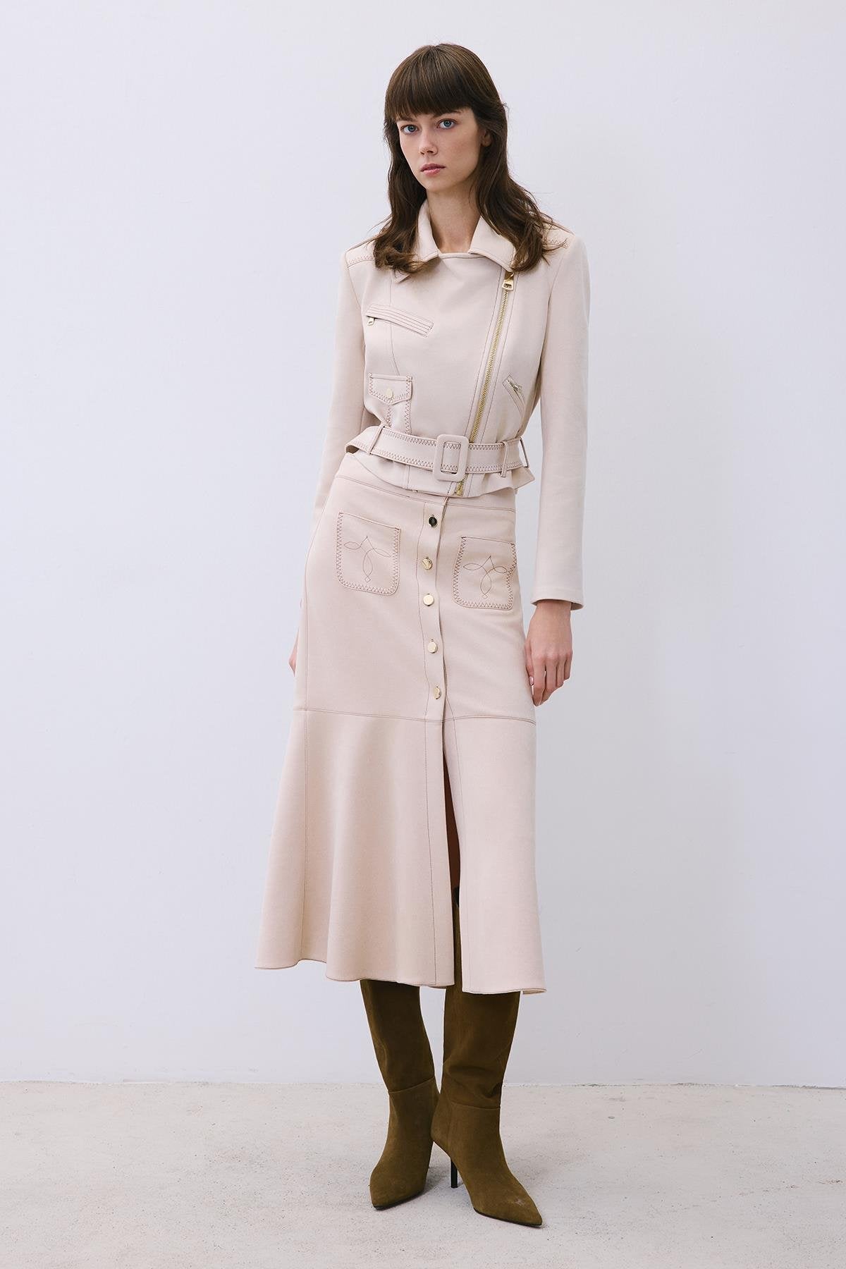 Suede Midi Skirt with Gold Detail