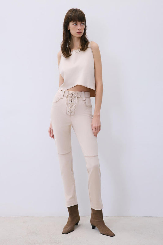 Suede Slim Fit Pants with Stitch Details
