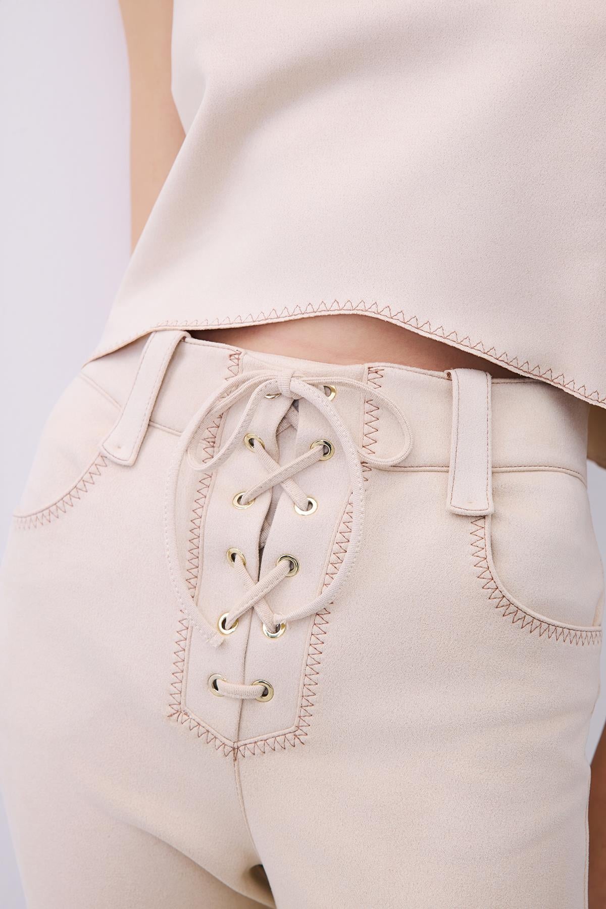 Suede Slim Fit Pants with Stitch Details