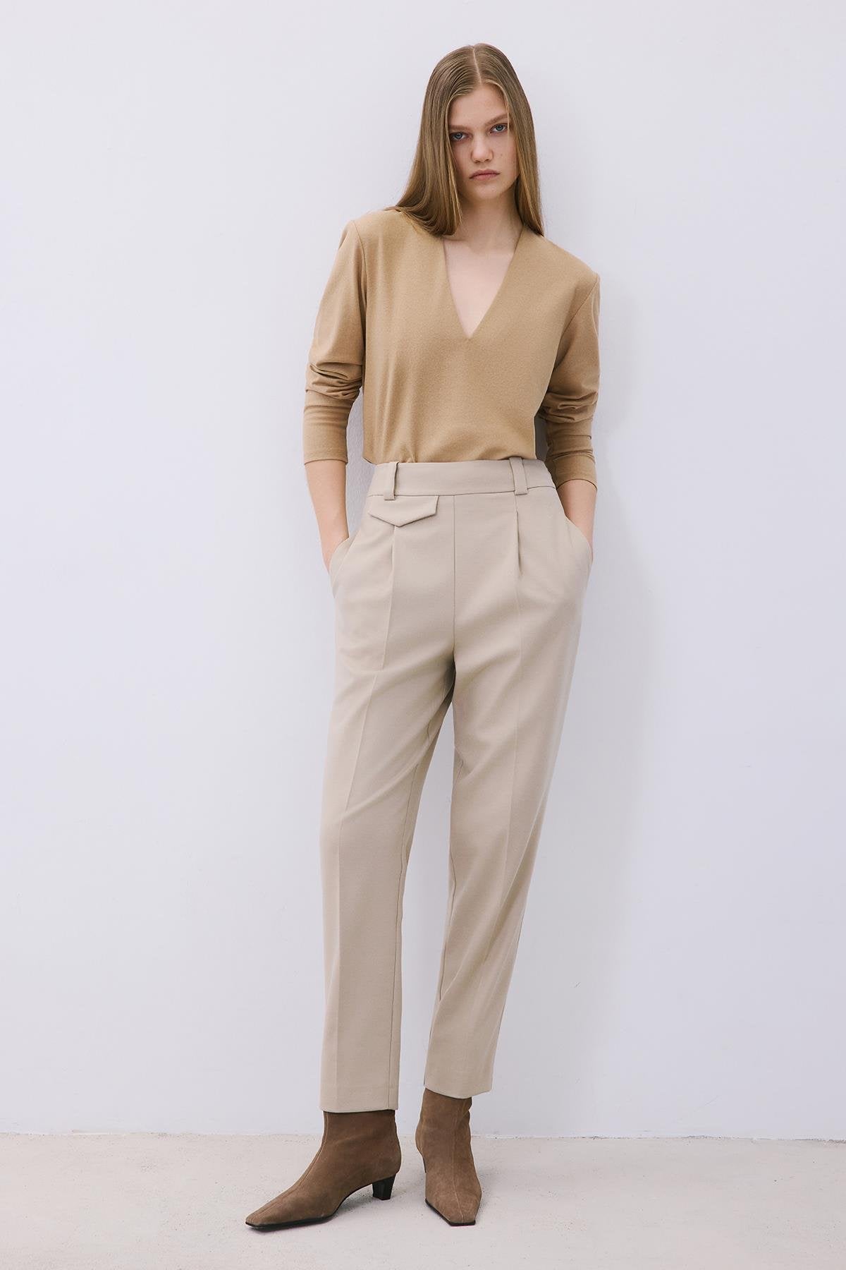 Wool-Blend Pleated High Waist Pants