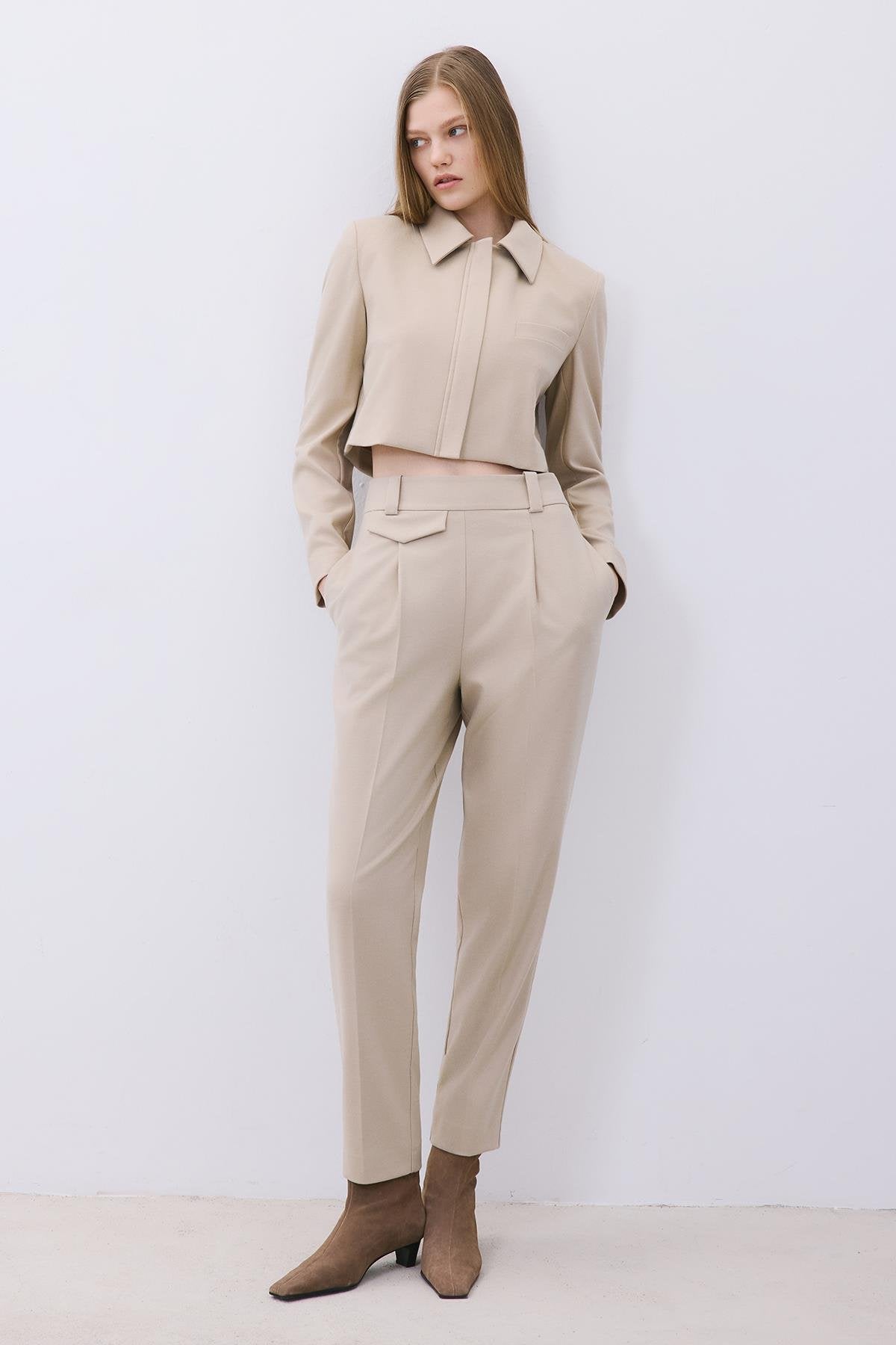 Beige Wool-Blend Zip-Up Crop Jacket