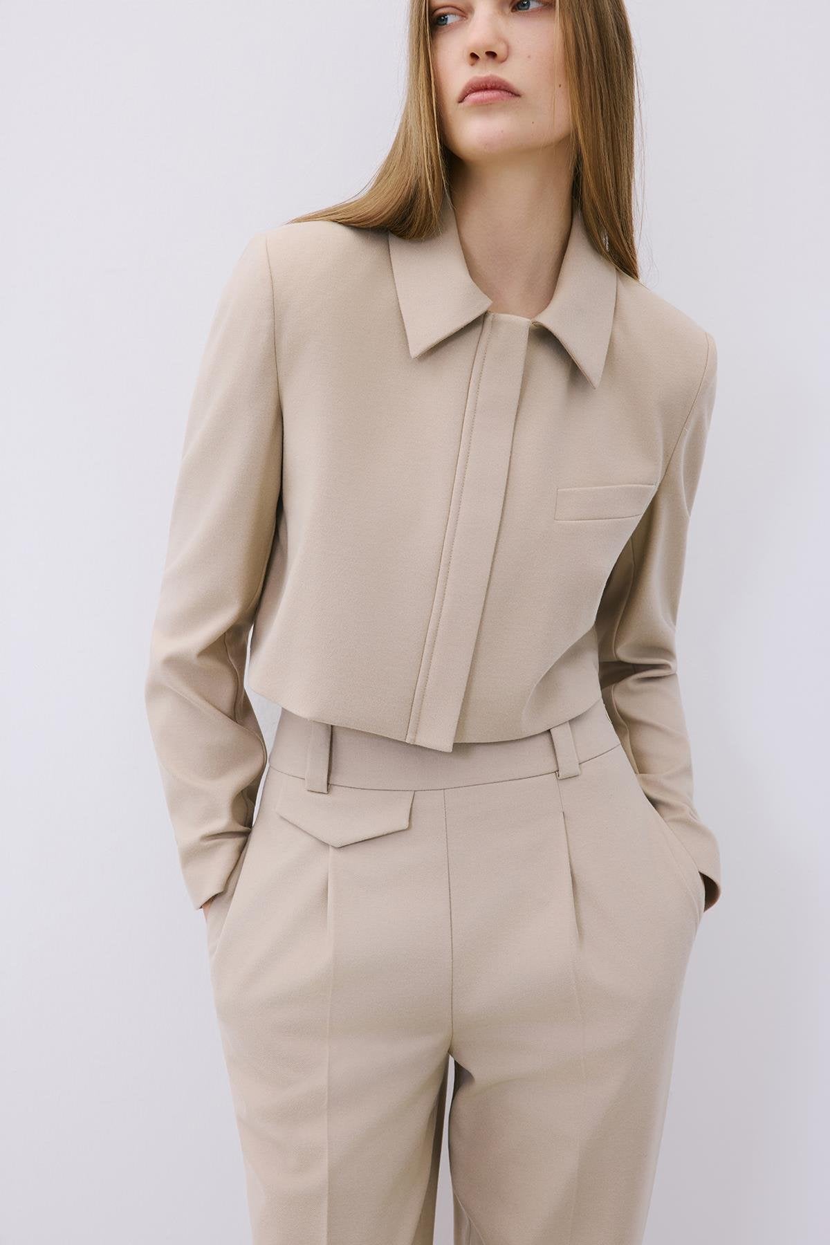 Beige Wool-Blend Zip-Up Crop Jacket