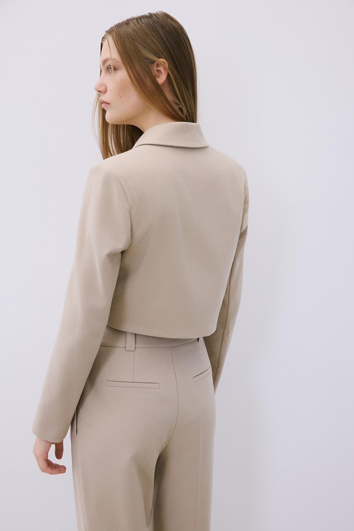 Beige Wool-Blend Zip-Up Crop Jacket