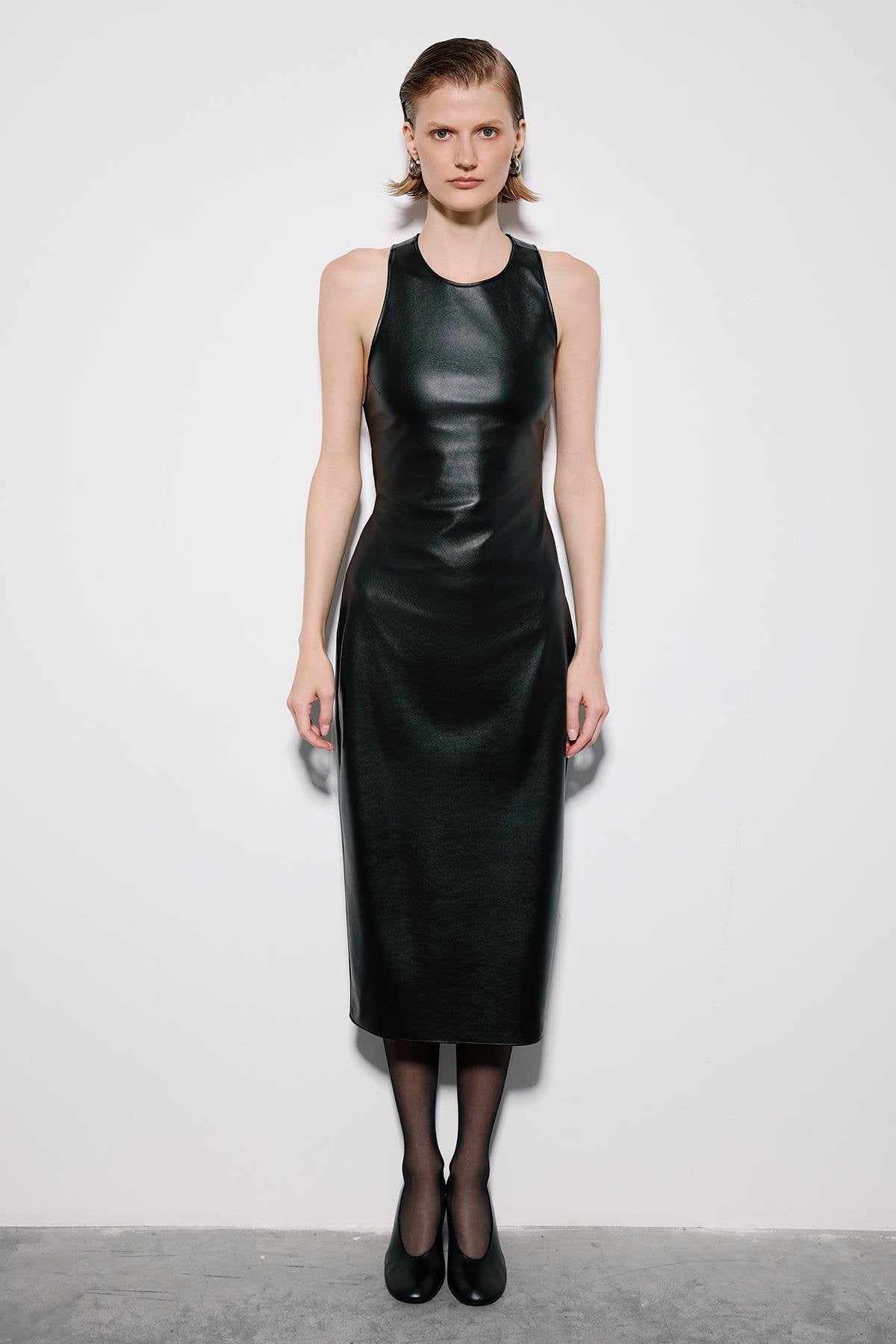 Bordeaux Leather Midi Dress With Open Back