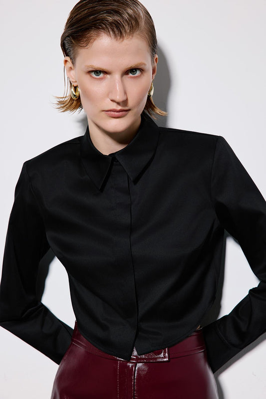 White Poplin Long Sleeve Shirt With Shoulder Pads