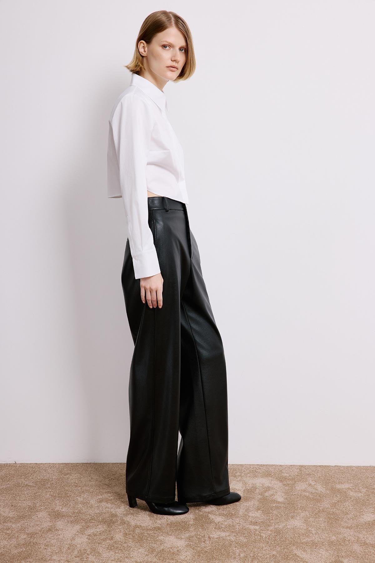 Wide Leg Leather Trousers
