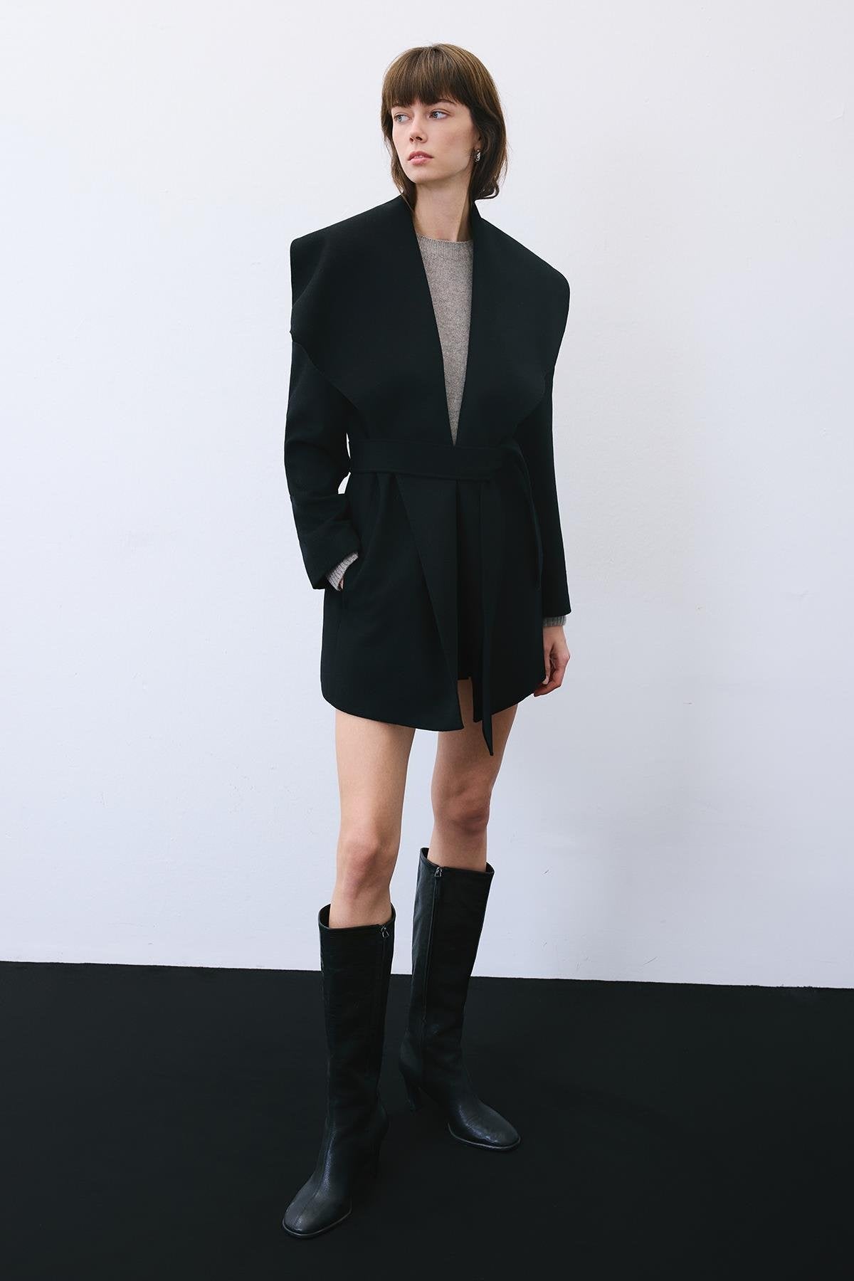 Cashmere Coat with Wide Collar and Belt