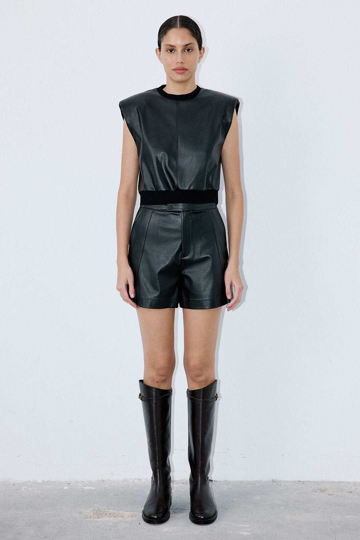 Crew Neck Faux Leather Sleeveless Blouse