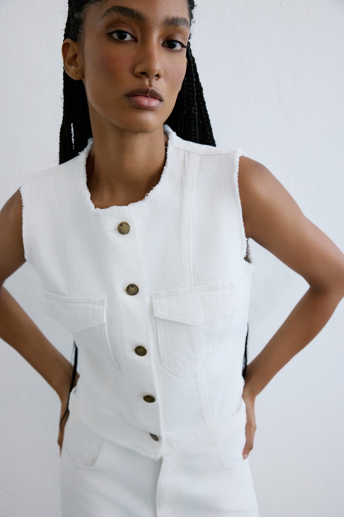 Crew Neck Fringed Denim Jacket