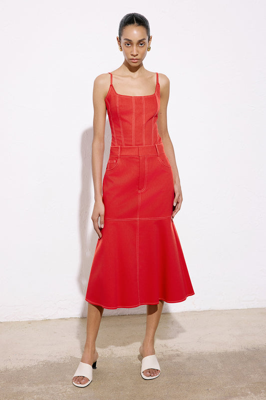 Denim Textured Midi Coral Skirt