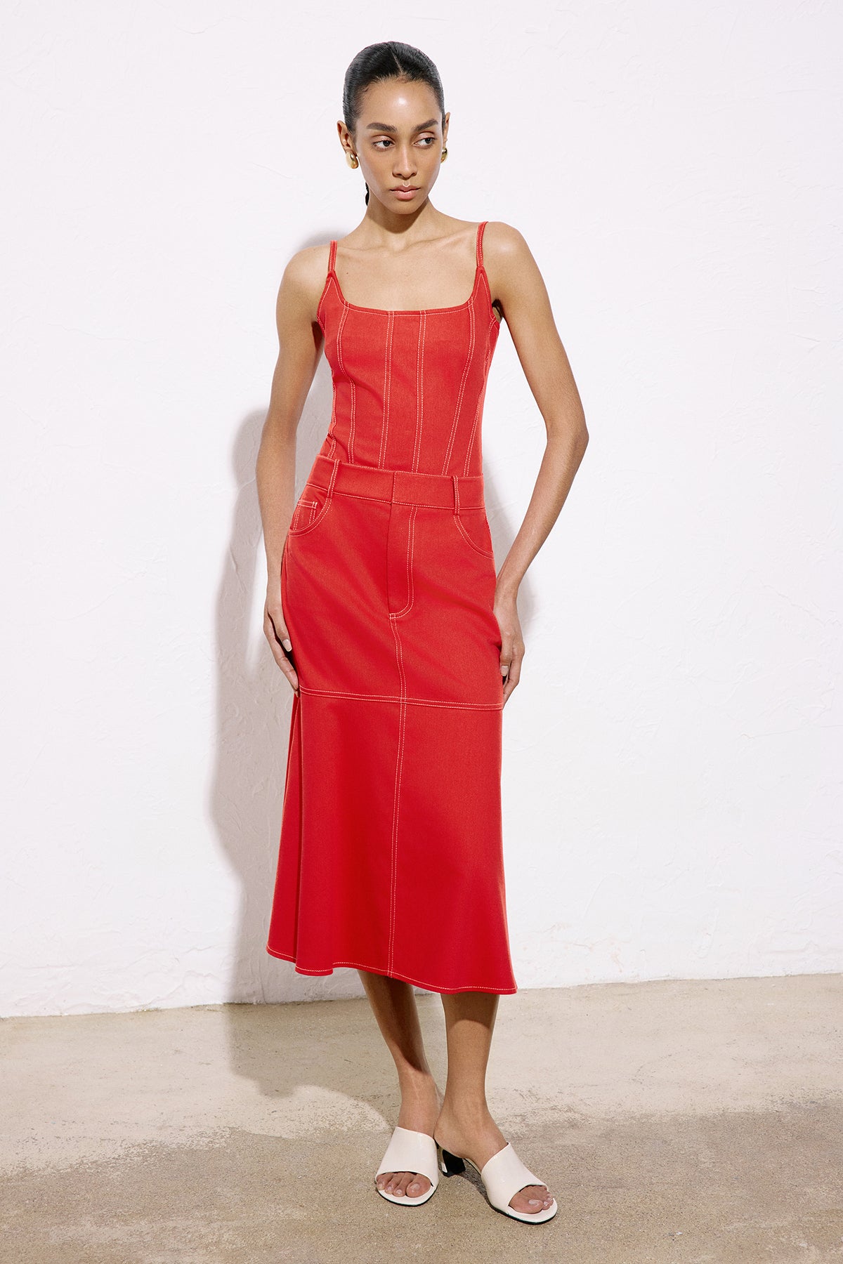 Denim Textured Midi Coral Skirt