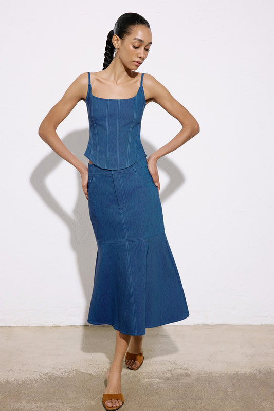 Denim Textured Midi Coral Skirt