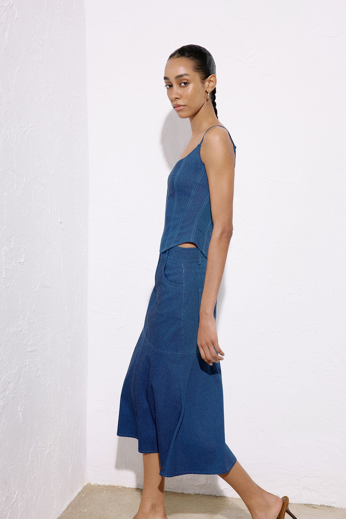 Denim Textured Midi Coral Skirt