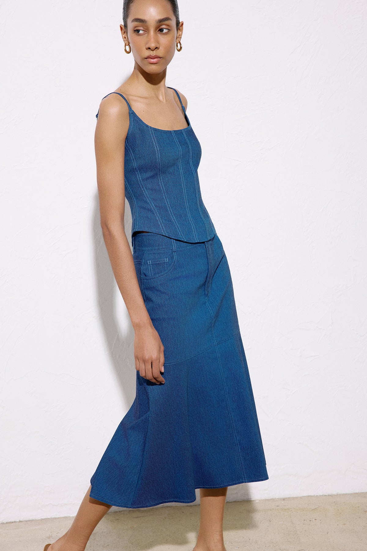 Denim Textured Midi Coral Skirt