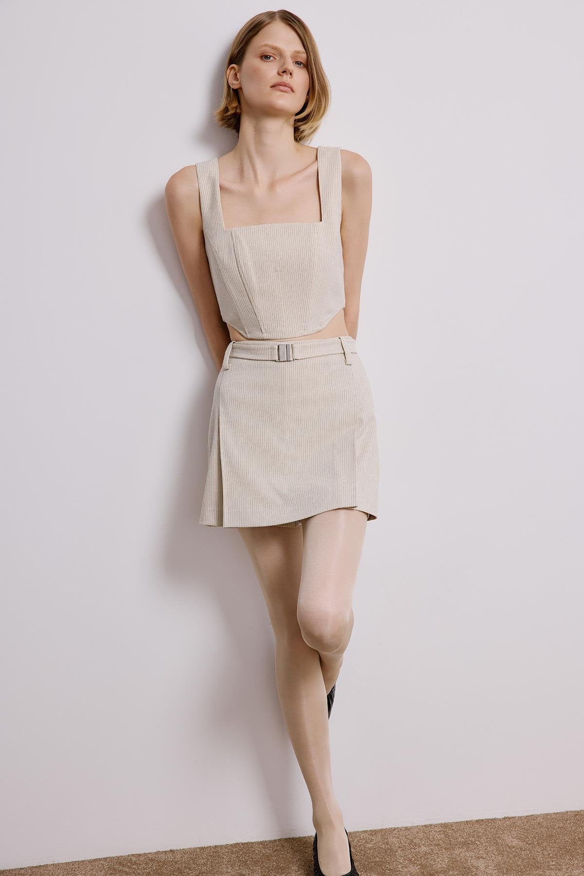 Striped Skort With Belt Detail