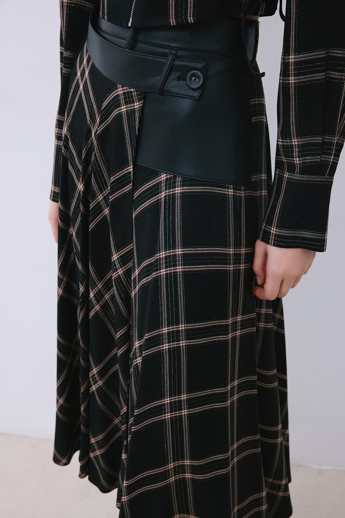 Glitter Plaid Wrap Midi Skirt