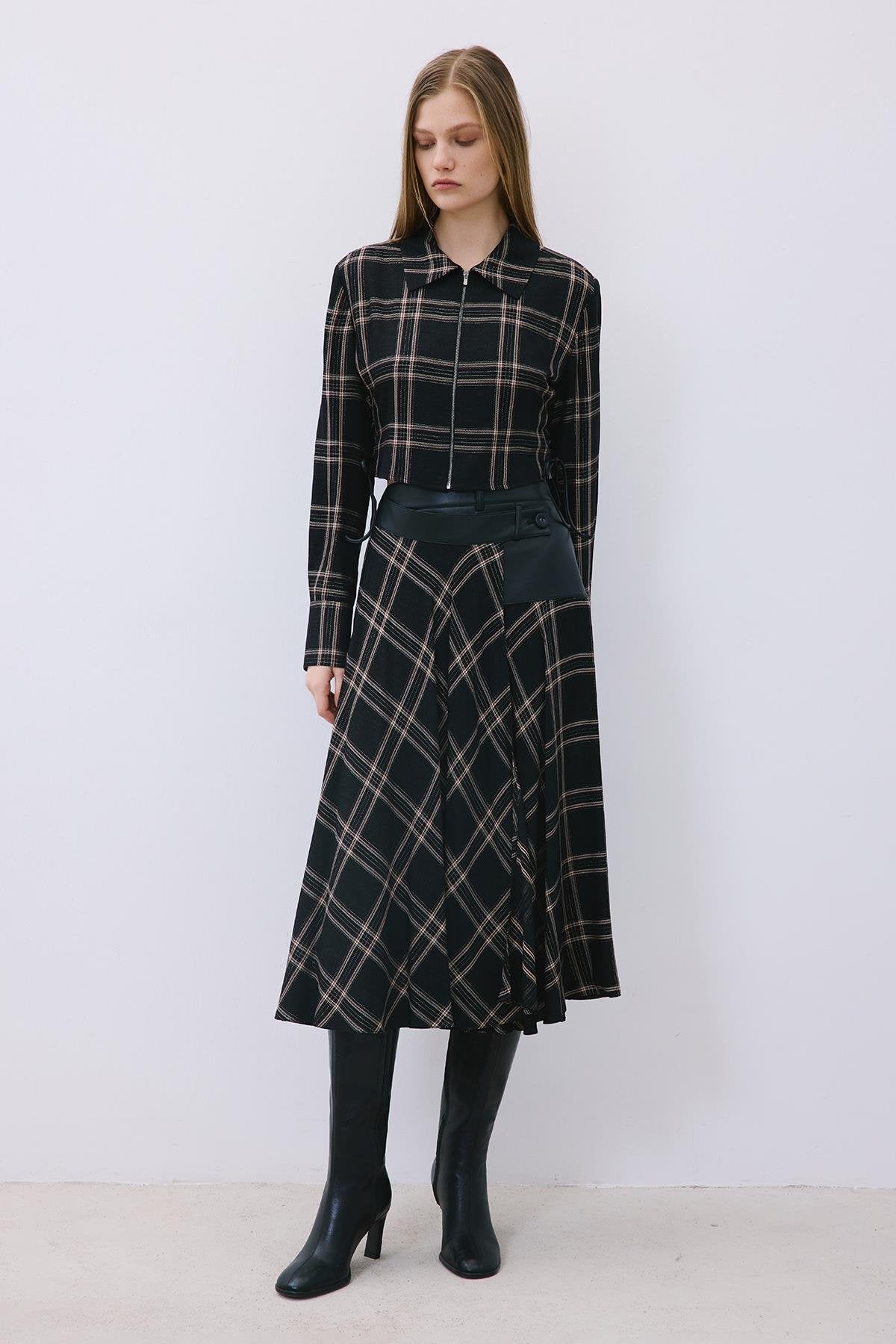 Glitter Plaid Wrap Midi Skirt