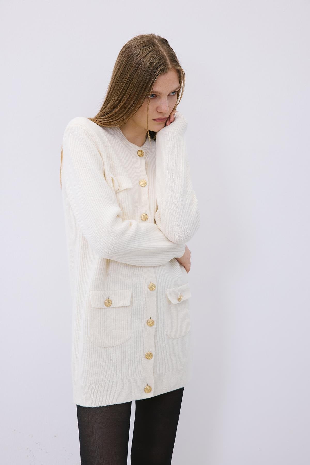 Gold Buttoned Knit Cardigan