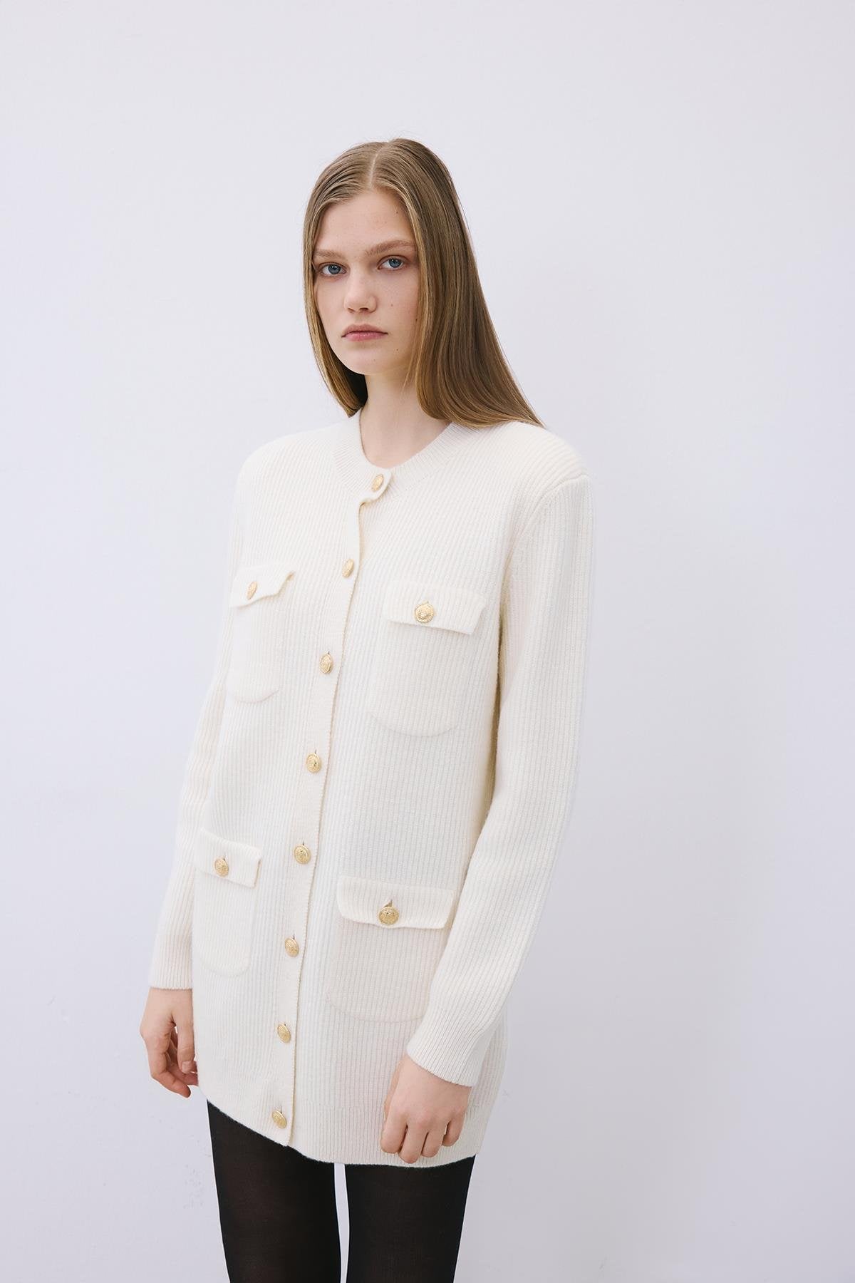 Gold Buttoned Knit Cardigan