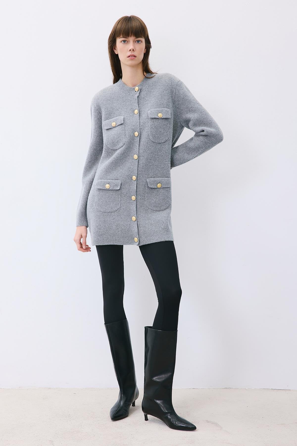 Gold Buttoned Knit Cardigan