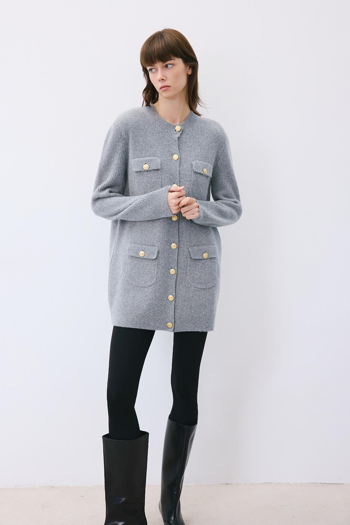 Gold Buttoned Knit Cardigan