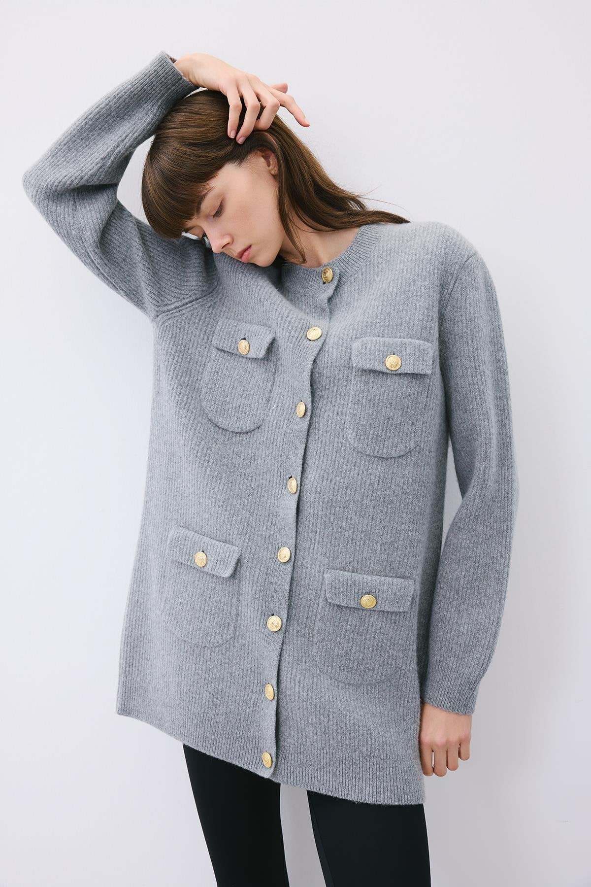 Gold Buttoned Knit Cardigan