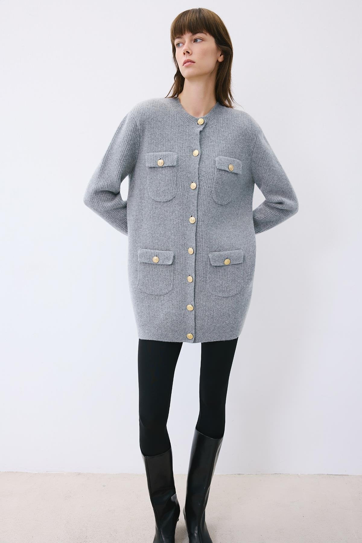 Gold Buttoned Knit Cardigan