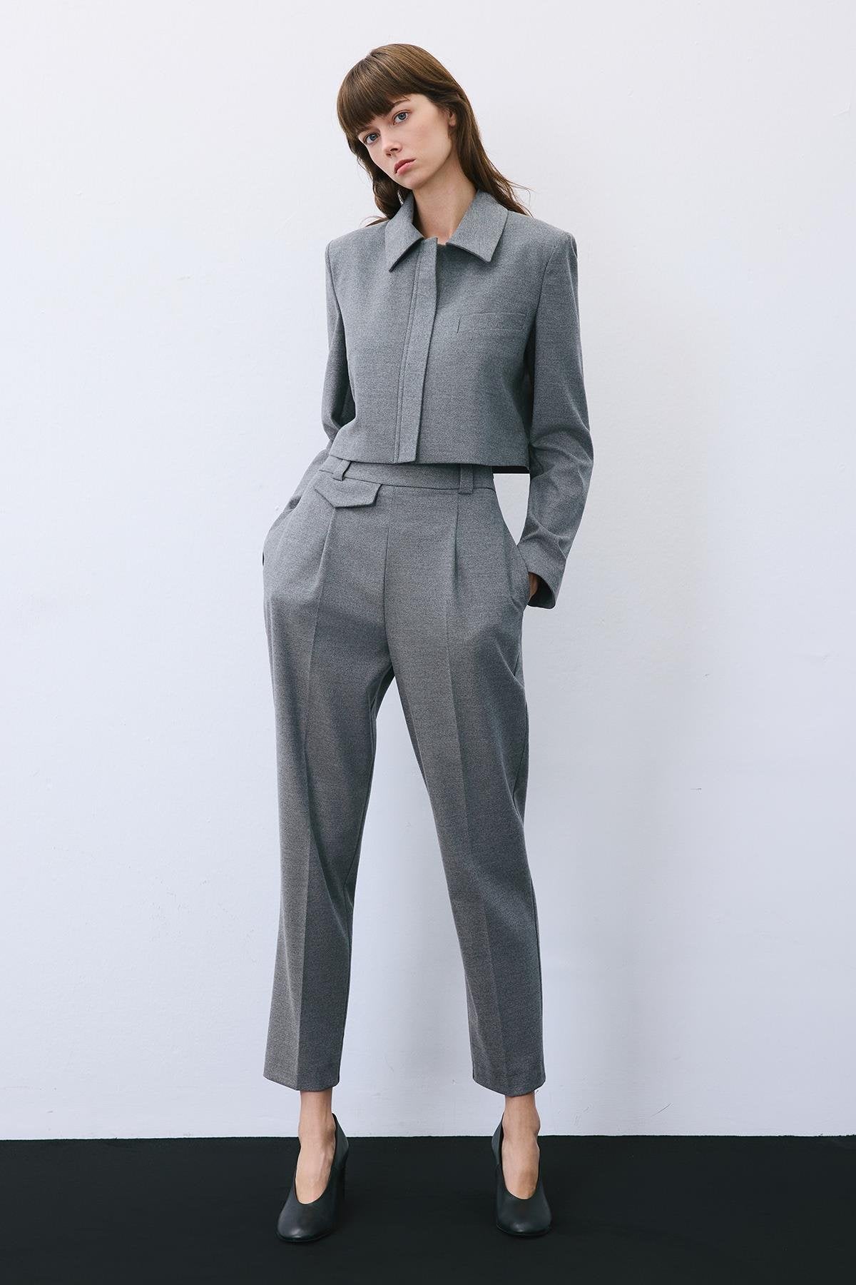 Beige Wool-Blend Zip-Up Crop Jacket