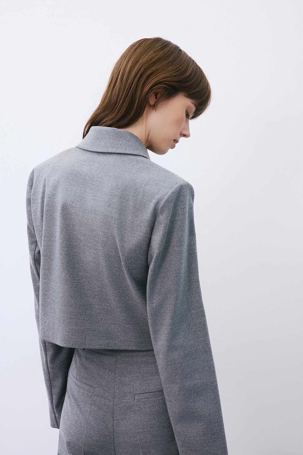 Beige Wool-Blend Zip-Up Crop Jacket